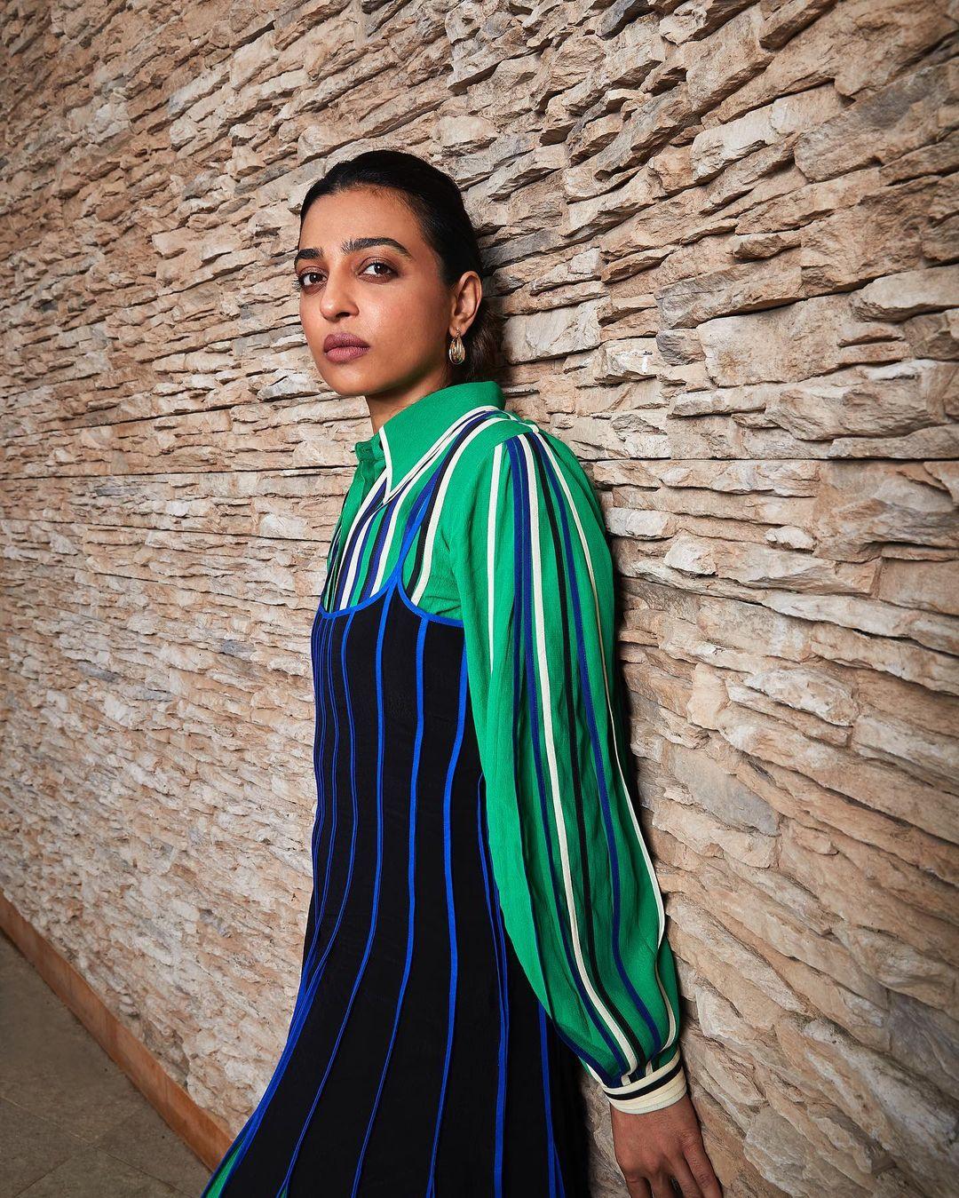 The combination of green and blue hues perfectly mirrors Radhika`s serene persona.